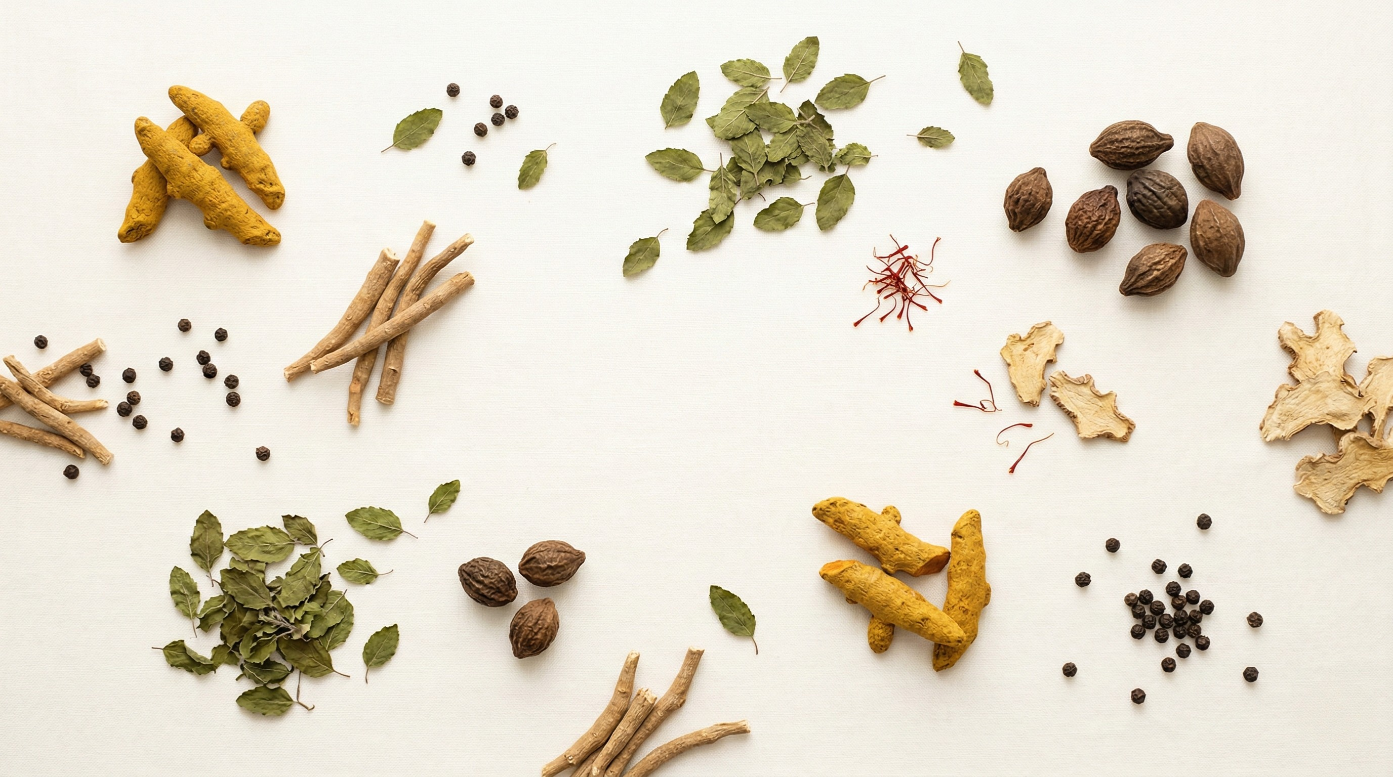 Ayurvedic herbs, spices, and botanical ingredients arranged in a flat-lay composition representing Bionial's Ayurvedic manufacturing capabilities