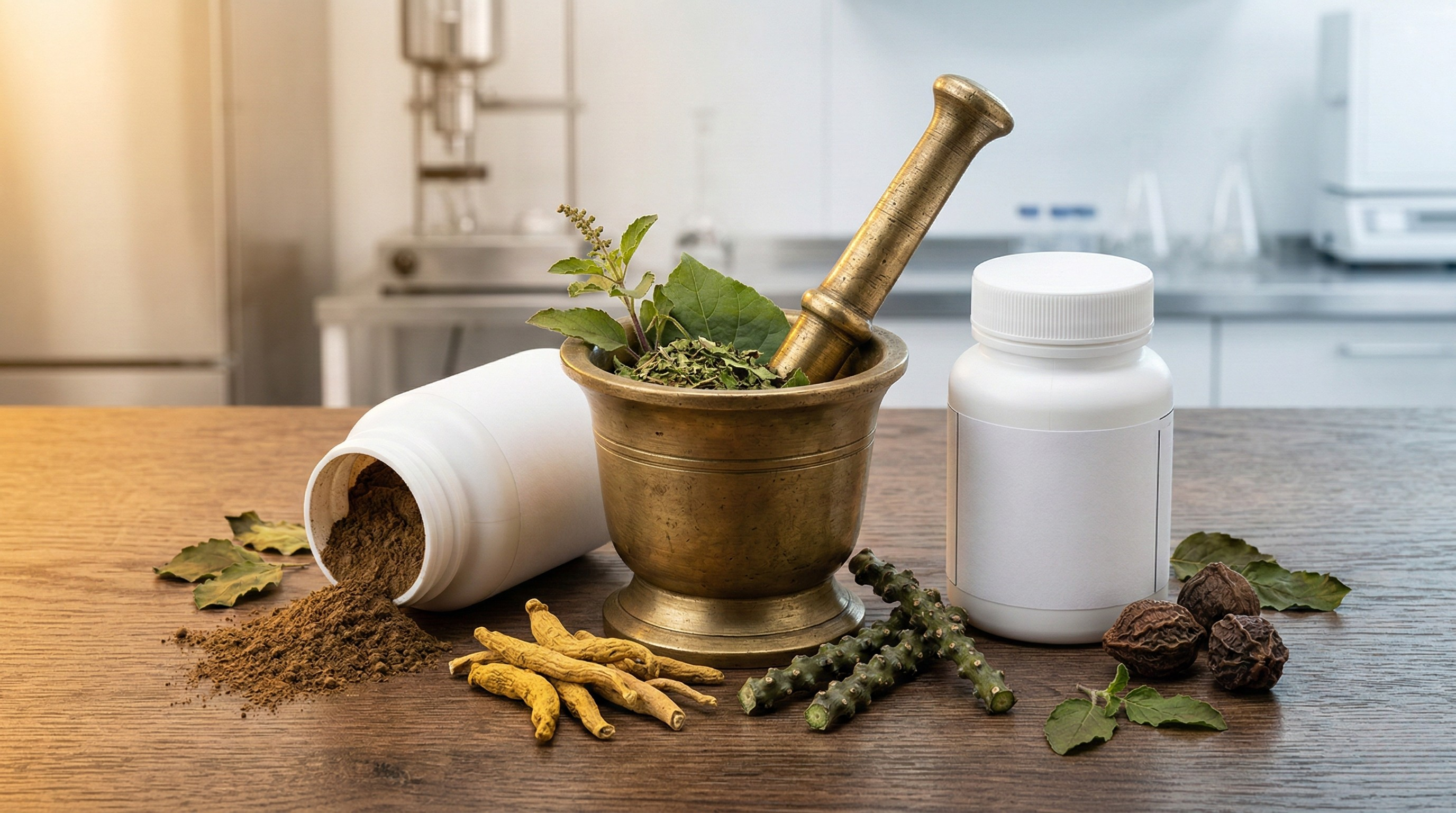 Traditional Ayurvedic formulation — brass mortar and pestle with turmeric, herbs, and supplement bottle