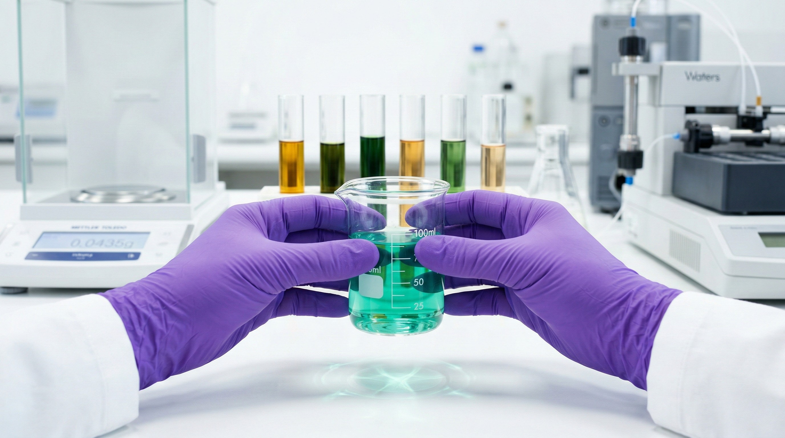Quality control laboratory — beaker and test tube analysis at Bionial facility