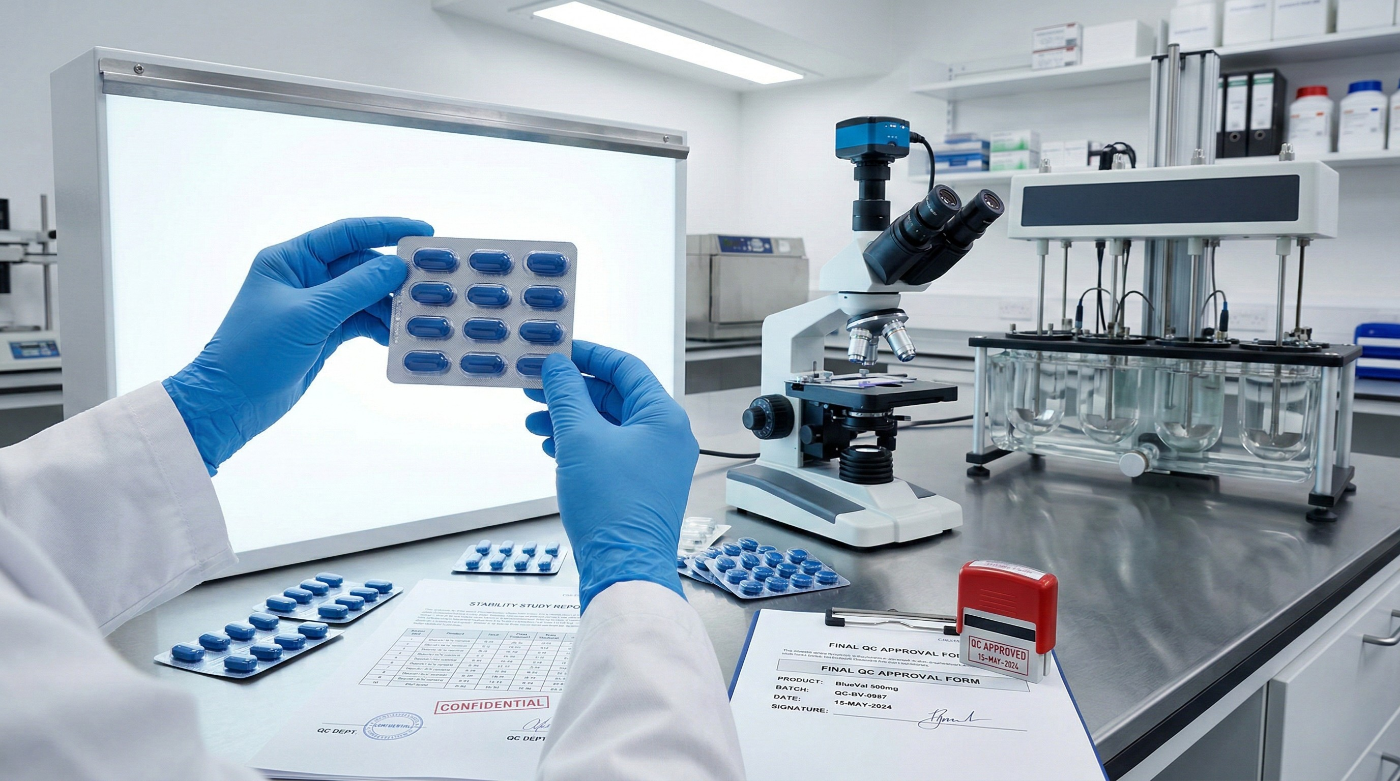 QC sample approval — blister pack inspection with confidential documentation