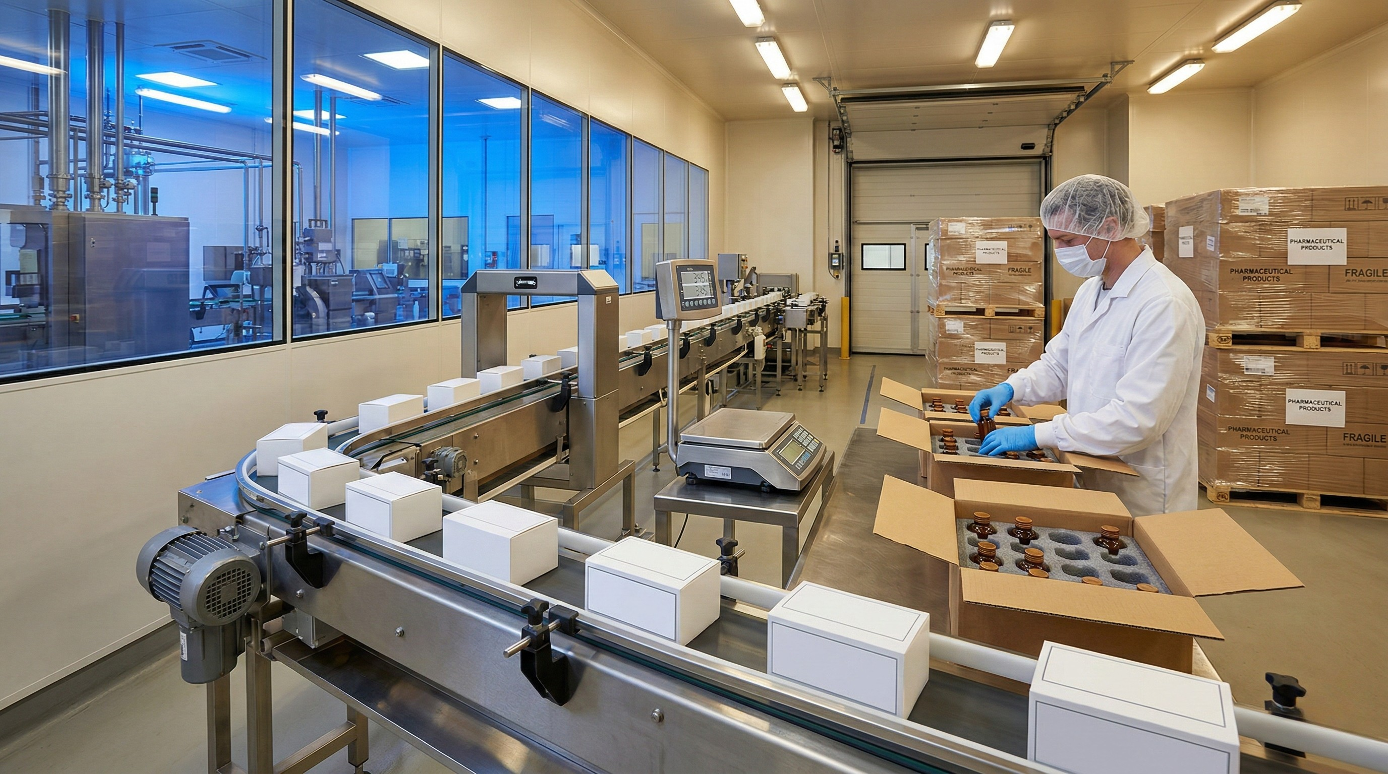 Full production and dispatch — packaging conveyor line with carton packing